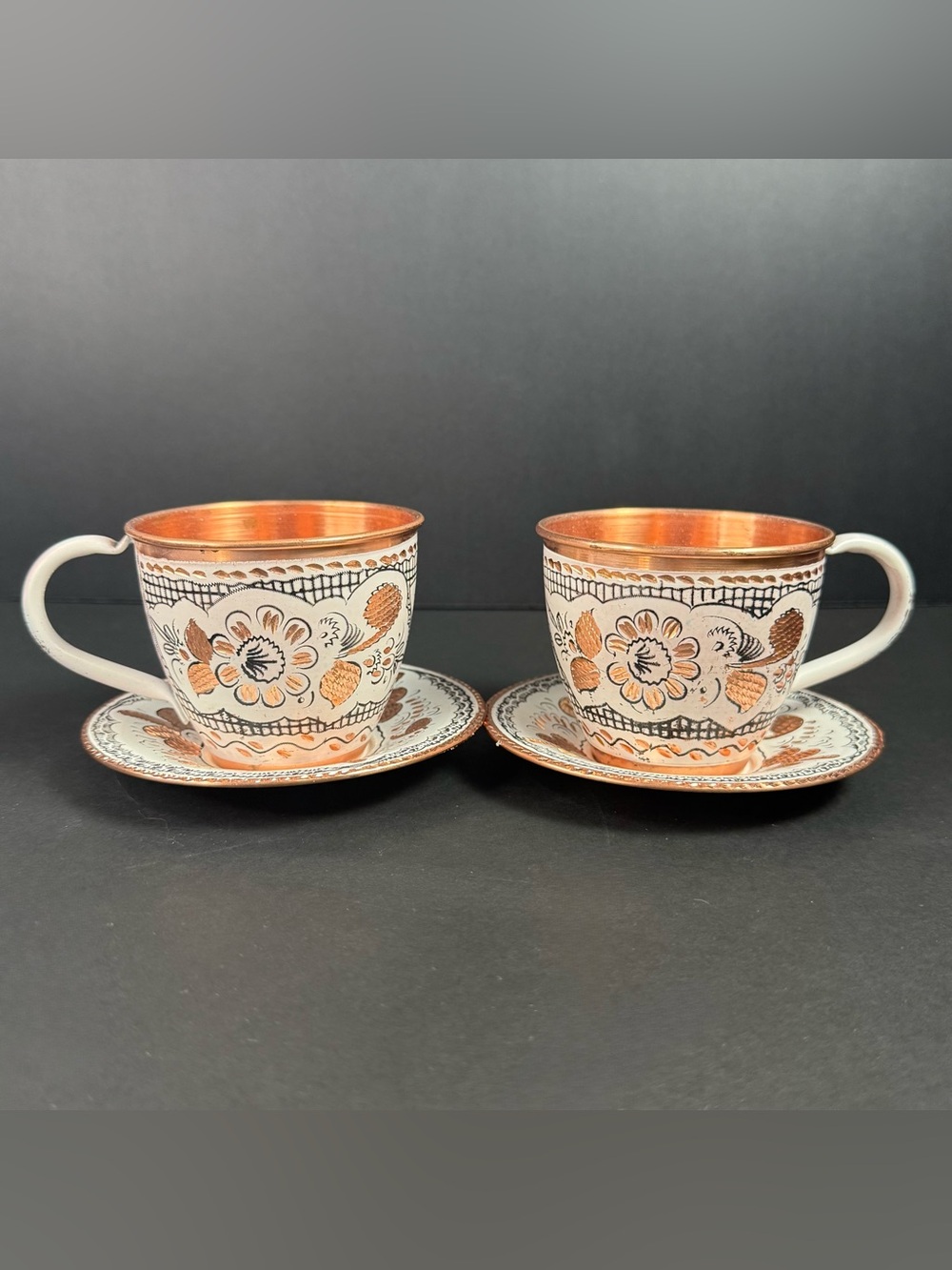 Vintage Handcrafted Copper Mugs Pure Copper Colorful Floral Engravings Turkish